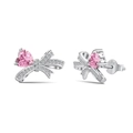 Elegante S925 Silber Schleifenohrringe mit rosa Herz-Zirkon und Pavé-Kristalldetails - Schleife Herz Ohrstecker (DY1D0317) / Rosa