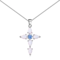 Collar de cruz de plata S925 con opalinas blancas talla pera y una gema central azul - Plata 925 / Opalo Blanco