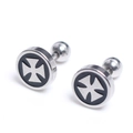Stainless steel barbell stud earrings with black Maltese cross relief and screw back balls - Silver