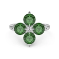 Elegante S925 zilveren ring met vier groene ronde zirkonia in klavervorm design - US 6 / Platina Groene Zirkonia