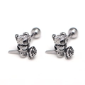 Skull and rose stainless steel stud earrings with clear zircon stone and screw backs - Silver