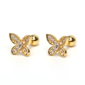 Detailed view of gold butterfly stud earrings with zircon inlay and screw ball backing - Gold (Single)