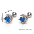 Blue zircon crescent moon stud earrings in stainless steel with flat ball back screw - Silver