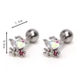 Stainless steel heart flower stud earrings with iridescent stone and red rhinestone detail - Single Piece / Silver