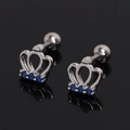 Silver crown stud earrings with blue crystals and screw back in stainless steel - Dark Blue Rhinestone (Single)