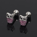 Stainless steel owl stud earrings with purple rhinestones on a black reflective surface - Rose Red Rhinestone (Single)
