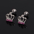 Detailed macro view of silver crown stud earrings featuring sparkling pink zirconia gems - Rose Red Rhinestone (Single)