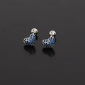 Close-up of heart-shaped steel studs with blue pave zircon and screw ball back - Dark Blue Rhinestone (Single Piece)