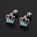 Detail of silver crown cartilage studs with blue stones and secure screw-back ball closures - Blue Rhinestone (Single)