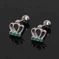 Close-up of silver crown stud earring with green crystals and screw-back on black surface - Green Rhinestone (Single)