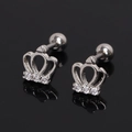 Macro detail of silver crown stud earrings with white zircon stones and screw ball back - White Rhinestone (Single)
