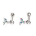 Detail of silver screw back stud earrings with colorful zircon stones in a floral design - Silver