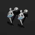 Macro view of silver ballerina stud earrings with light blue gemstone skirt details - Blue Rhinestone