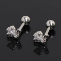 Macro shot of silver flower earrings with pear-cut zirconia on black reflective surface - White Rhinestone (Single)
