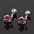 Macro detail of rose flower stud earrings with pink pear-shaped cubic zirconia crystals - Rose Red Rhinestone (Single)
