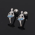 Detailed macro view of silver ballet girl stud earrings with blue crystals and screw backs - Light Blue Rhinestone