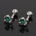 Macro view of silver water-drop green crystal stud earring with leaf detail and screw back - Green Rhinestone (Single)