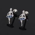 Silver ballerina stud earrings with blue rhinestones and screw back on mirrored background - Dark Blue Rhinestone