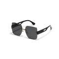 Fashionable rimless square sunglasses with grey lenses and black gold-trimmed geometric temples - All Grey