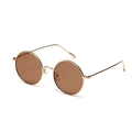 Gafas de sol redondas de metal dorado con lentes marrones en una vista de 45 grados - Montura Dorada Lente Marrón