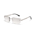 Silver metal rectangular rimless glasses with clear lenses and black ear tips - Silver Mirrored