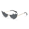 Futuristic bat-shaped rimless sunglasses with grey lenses and gold metal temples - Black and Gray