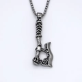Viking style stainless steel axe pendant necklace with intricate embossed patterns on box chain - Silver