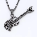 Collana punk in acciaio inox con ciondolo a chitarra, teschio e segno del rock - Argento