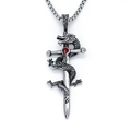 Collier dragon et épée gothique avec pierre rouge et pendentif vintage argenté - Argenté