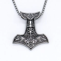 Vintage Mjölnir pendant necklace with Odin head and crow engraving on silver metal - Silver