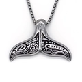 Retro tribal whale tail pendant necklace with embossed spiral patterns on box chain - Silver