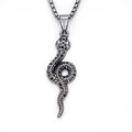 Punk style silver snake pendant necklace with detailed scales on square pearl chain - Silver