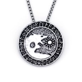 Vintage silver Viking wolf sun pendant necklace with Nordic runes and steel square chain - Silver