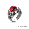 Retro punk scale textured ring with red dragon eye bead and adjustable open band - Silver