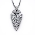 Viking style triangular arrow necklace with hammered texture and Vegvisir symbol in steel - Silver