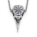 Polished Viking bird skull necklace with Vegvisir compass engraving and box chain - Silver