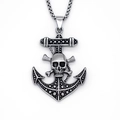 Retro stainless steel anchor and skull pendant necklace with square link chain for men - Silver