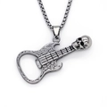 Collana punk con chitarra e teschio, ciondolo apribottiglie e catena a maglia quadra - Argento