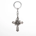 Vintage Gothic zilveren metalen sleutelhanger met rozenkruis en gedetailleerd snijwerk - Zilver