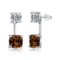 Elegante S925 zilveren hangende oorbellen met bruine vierkant geslepen zirkonia - 925 zilver / Rood-Witte Dubbele Steen Stijl (DY110152-S-W-KB)