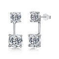 Élégantes boucles d'oreilles pendantes en argent S925 avec deux zircons carrés en argent - Argent 925 / Style Double Pierre Tout Transparent (DY110152-S-W-WH)