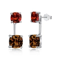 Boucles d'oreilles pendantes en argent S925 avec zircons carrés rouges et ambre raffinés - Argent 925 / Style Double Pierre Rouge et Brun (DY110152-S-W-RK)