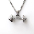Polished stainless steel barbell pendant necklace with classic silver box chain for men - Silver
