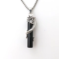 Polished black stone cylinder pendant with a silver carved dragon on a steel chain - Black