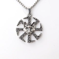 Vintage silver wolf head pendant with Kolovrat Slavic sun symbol on square chain - Silver