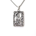 Vintage stalen ketting met rechthoekige Bodhisattva-hanger en verfijnd lotusreliëf - Zilver