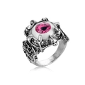 Anello punk gotico occhio del diavolo con bulbo rosa, teschio e artigli in argento - Stile Bulbo Oculare Rosa (R-51)