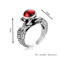 Retro dragon eye silver alloy ring with red stone and feather texture, 32mm height - Silver
