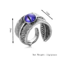 Retro feather ring with purple evil eye stone, vintage alloy open design, size 28x14mm - Silver