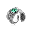 Retro adjustable silver feather ring with green dragon eye stone in gothic style - Green Angel Eye